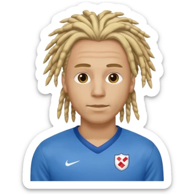 blonde dreadlocks man with blue jersey sticker