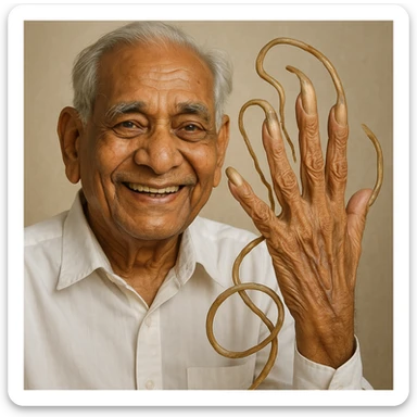 Portrait of Shridhar Chillal smiling, holding up his hand with record-breaking long fingernails, realistic style, neutral background sticker