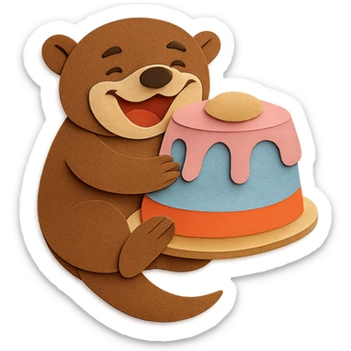 Make the otter and cake a perfect paper-craft design, with crisp layered paper textures and details, while keeping all elements and the transparent background unchanged. sticker