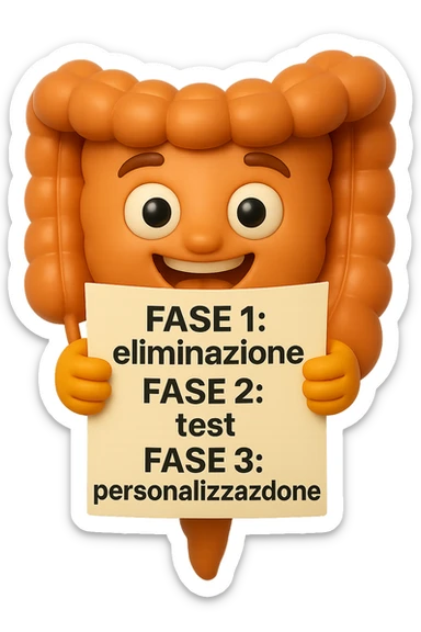 emoji stile iphone 3d di un intestino che tiene in mano un foglio con la scritta "FASE 1: eliminazione, FASE 2: test, FASE 3: personalizzazione, IPERREALISTICO 4K sticker