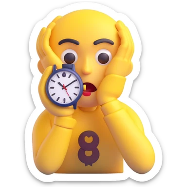 A yellow emoji face with a worried expression, looking at a wristwatch with raised eyebrows, showing urgency and stress sticker