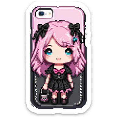 pink and black gothic phone case, pixel art style, cute and chibi, small size, simple details, matches gothic purse sticker