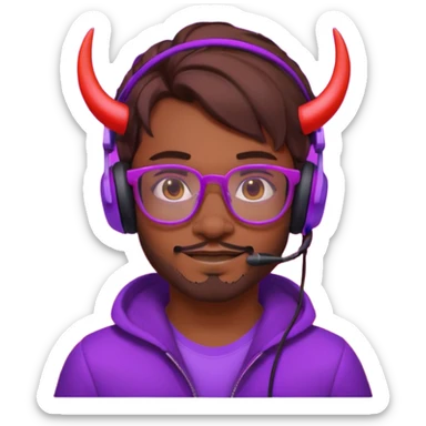 It’s a relaxed selfie of you wearing a glowing gaming headset, glasses, and piercings, lit by red and purple room lights, with a soft, tired-smirk expression brown hair with devil horns and facial hair

 sticker