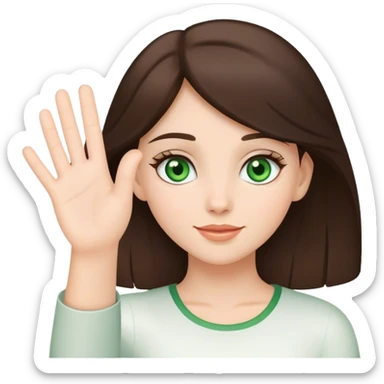 brunette girl with  with green eyes waving greeting with one hand sticker