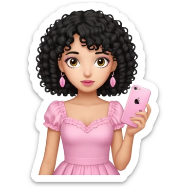 uma menina fofa de pele oliva e cabelos pretos encaracolados e com franja encaracolada e um vestido rosa pastel detalhado e maquiagem levemente rosada enquanto segura um iphone rosa sticker