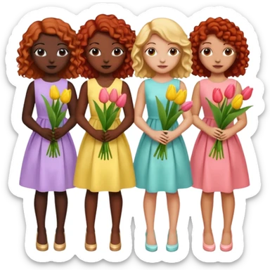 5 girls at a garden party wearing pastel dresses and holding tulips, one is black, one is blond, one has brown hair, one has red hair, the last one is has curly hair sticker