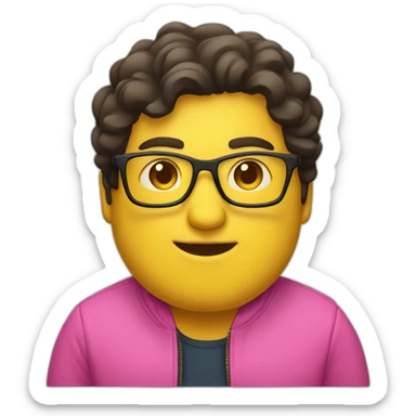 plus-sized man with dark hair, yellow long jacket and pink glasses sticker