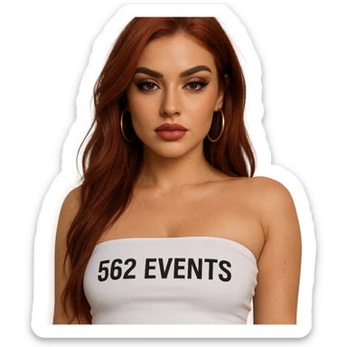 realistic baddie, red-haired, in a white tube top with '562 Events' text sticker