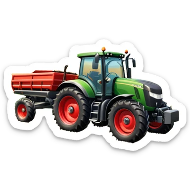An icon representing a farming simulator, with a detailed tractor plowing fields under a bright sky with bright rural landscape. The design includes farming tools, crops and barns, symbolizing the immersive experience of managing a farm. Transparent background. sticker