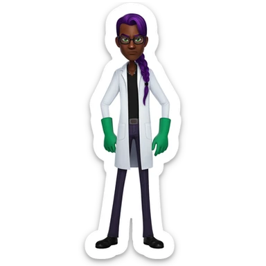 Mad evil scientist black male white cost green gloves glasses purple hair side bold on top very skinny very tall full sticker