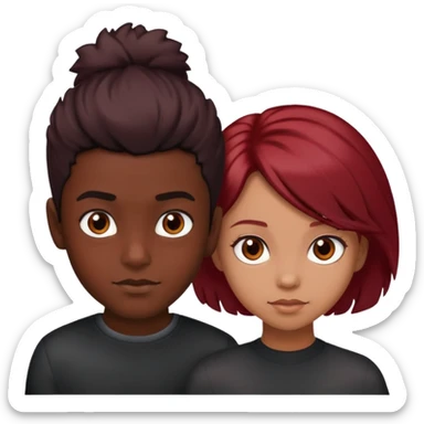 boy with black coil hair, dark skin, brown eyes, girl with dark red hair, light skin, brown eyes sticker