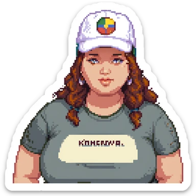 A plus-size woman with a cap that says "Komarova", make her even more plus-size. sticker