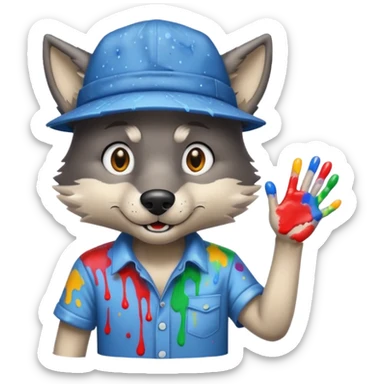 Wolf cartoon shaking hand wering hat and paint shirt children version  sticker