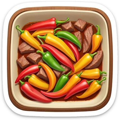 cooked meat saute object icon, beef strips with peppers, 3D cartoon, mobile game icon style, clean background, no text, no watermark
 sticker