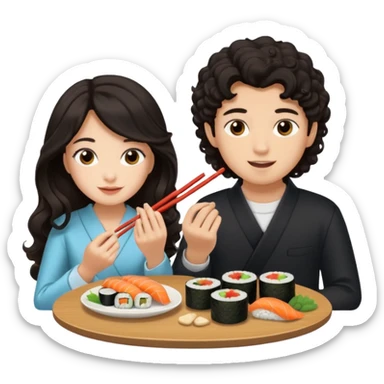 czarnowłosa ksieżniczka w dlugich wlosach je sushi z chłopakiem o czarno brązowych kręconych włosach i są zadowoleni i są nastolatkami i te włosy są lekko krecone sticker