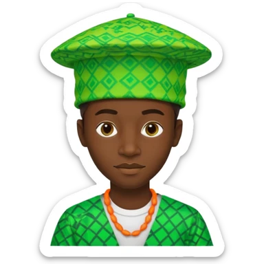 Create me an emoji of a cool Young Nigerian prince wearing a neon green gradient African patterns with "hula hat" (a Nigerian-inspired hat).  sticker