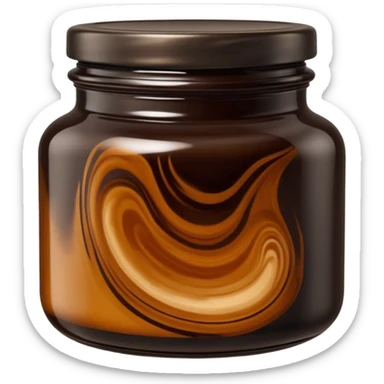 open jar or shallow tin containing thick, glossy dark brown to black paste with smooth slightly swirled surface, dense oily texture with subtle amber highlights, no spatula, no bubbles, no extras, just open container and visible soap, soft lighting, subtle shadows, emoji scale sticker