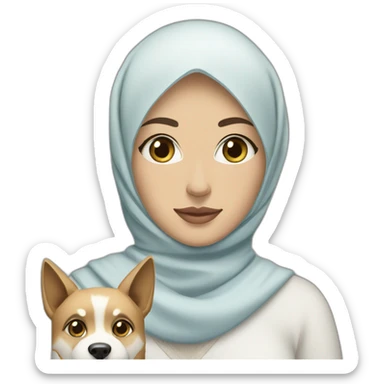 A Moroccan woman with black eyes, wearing hijab, with a dog in her arms being a blond husky with blue eyes, iPhone ios style emoji sticker