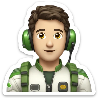 A young white male tennager with dark brown hair and brown eyes in a pilot suit and wearing a green Pilot headset sticker