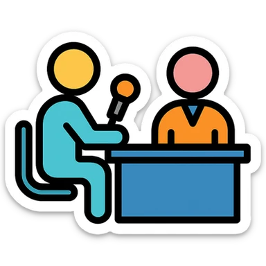 two people at a desk, one interviewing the other, minimal flat style sticker