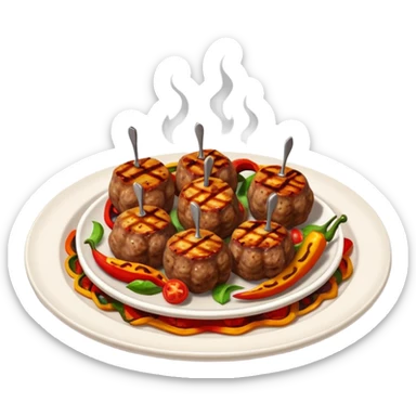 Akçaabat meatballs object icon, grilled Turkish kofte pieces on a plate, smoky char marks, juicy texture, served with grilled peppers and tomatoes, 3D cartoon, mobile game icon style, centered, clean background, no text, no watermark
 sticker