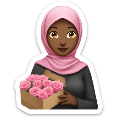 girl with pink hijab holding box and three roses sticker