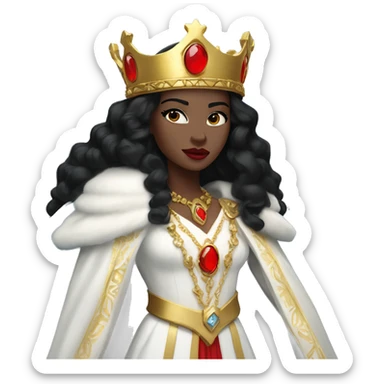 Queen with pale skin, icy blue eyes, bright red lips, long black hair, gold crown, and white robes. sticker