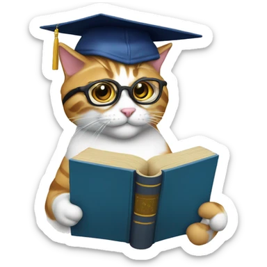 A learned cat with a book, glasses and a graduate hat sticker