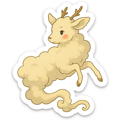 vanilla cloud doe with rosy cheeks, floating gracefully with witch-like elegance, brand identity mascot for social media, Ghibli style sticker