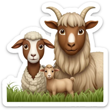 Icon for Domestic Hooved Animals: A gentle collage featuring a brown goat with large, curious eyes, a calm sheep with soft wool and a horse with a flowing mane. Background with a green pasture and a few hay bales. Transparent background. sticker