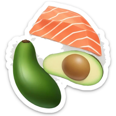 Am Avocado that holds salmon in the right hand and rice in the left hand sticker