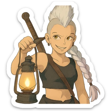 A sword maiden, mohawk, long braid white hair with lavender tips, gold yellow eyes, black crop top, brandishing a lantern. Mischievous smirk sticker