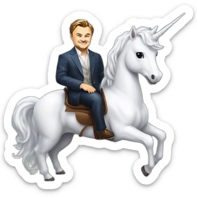 Leonardo DiCaprio smiling and sitting on a white unicorn as a rich billionaire sticker