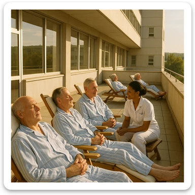 hospital terrace with patients in pajamas sunbathing on deck chairs, nurse conversing with a patient, atmosphere of hope and recovery, warm natural light, realistic details, 4K quality sticker