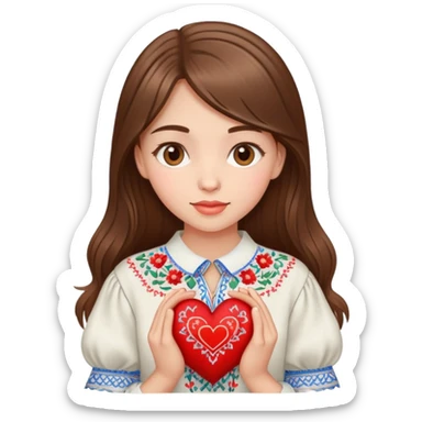 A beautiful young girl with brown hair in a Ukrainian embroidered shirt is holding a large embroidered heart sticker