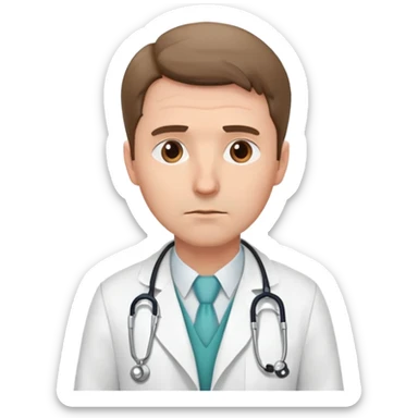 create a male white doctor wearing a white rope with a Stethoscope on her neck. his face is slightly sad sticker