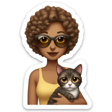 woman with a slight tan, curly hair and sunglasses holding a cat sticker