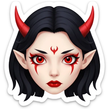 Head only: demon girl, 100% red skin, long black hair, small horns, sharp cheekbones, serious eyes, full lips, pointed ear; centered, no body, no text. sticker
