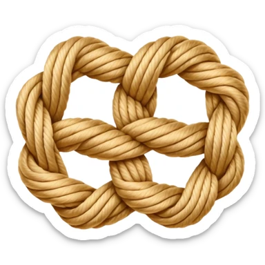 Emoji-style illustration of a neatly tied bowline knot made of natural rope. The knot should form a clean loop with a visible knot structure, rope texture, warm beige and golden tones, isolated on white background, soft shadows, minimal composition. sticker