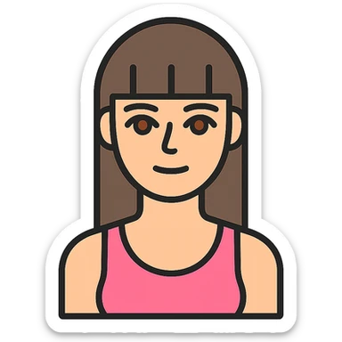 minimalistic and flat icon style of a skinny American girl with long brunette hair and classic bangs, hazel eyes, pink tank top sticker