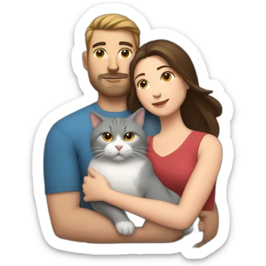 white brun man and brunette woman with a fat gray cat in their arms sticker