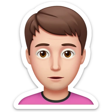 White man with short brown hair, long face, and pink male looking sassy sticker