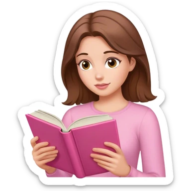 a brown haired, fair skinned female reader reading a pink romance novel sticker
