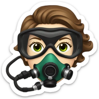 woman brown hair black diving mask with a single crystal, diving regulator in mouth, green eyes sticker