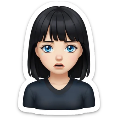 Girl crying wearing black with black medium length hair with bangs and blue eyes sticker