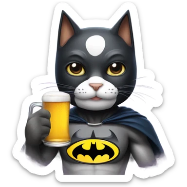 Cat wearing Batman mask holding beer sticker