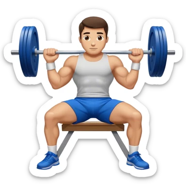 brunette buff man with blue shorts lying down benchpress sticker