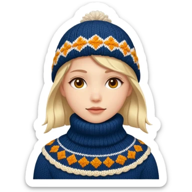 Fantasy human emoji portrait, knitted winter collar with simple pattern, festive but subtle look, warm colors, minimal fantasy style, clean emoji design, male/female variant
 sticker