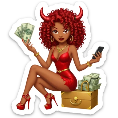 seductress evil brown curly haired sexy drug lord woman with clear glittery platform heels on her feet and devil red horns on her head, holding a stack of cash, has a phone in other hand sticker