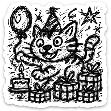 Add more gifts around the kitten, keeping the chaotic outlined style and all original elements intact sticker